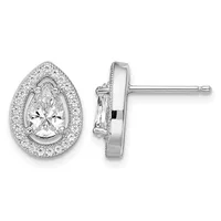 Pair of silver teardrop stud earrings, each featuring a central pear-shaped diamond surrounded by a halo of smaller diamonds, shown from front and side views.
