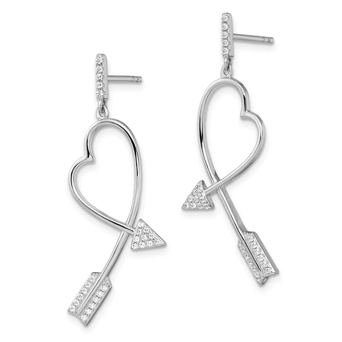 Pair of silver dangle earrings featuring open heart outlines with diamond-set arrow motifs piercing through them, displayed on a white background.