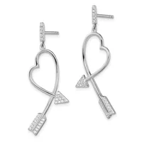 Pair of silver dangle earrings featuring open heart outlines with diamond-set arrow motifs piercing through them, displayed on a white background.