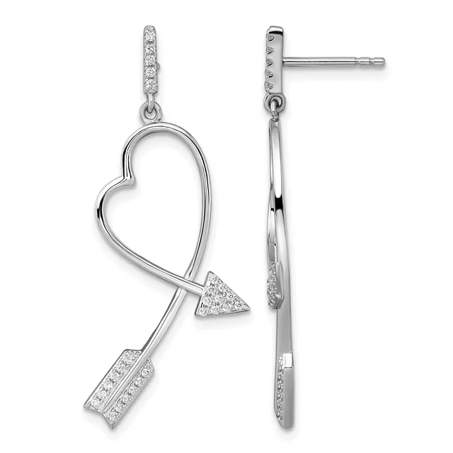 A pair of silver drop earrings with diamond accents, featuring an open heart outline pierced by an arrow, shown from front and side views.