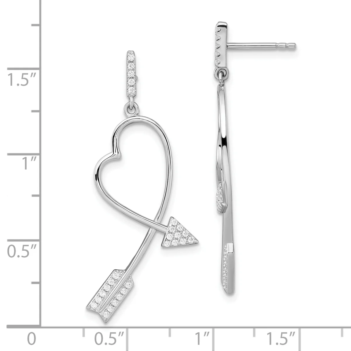 Silver dangle earrings featuring hearts pierced by arrows with diamond accents, shown front and side view against a measurement scale.