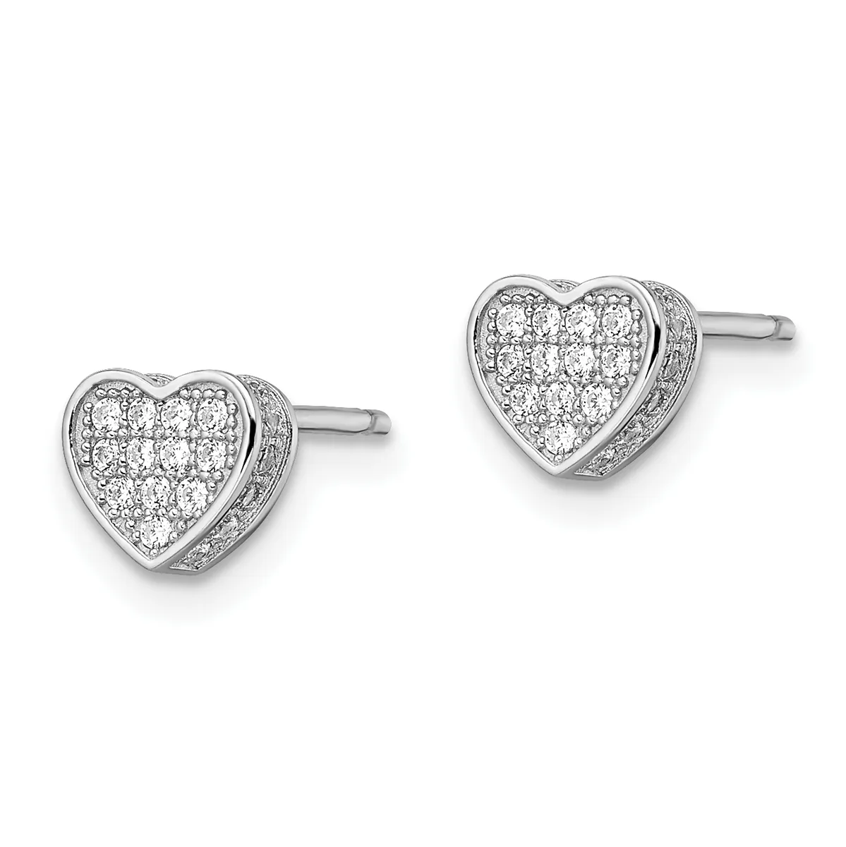 A pair of silver heart-shaped stud earrings with pave-set diamonds covering the front surface and sides, displayed against a white background.