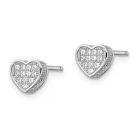 A pair of silver heart-shaped stud earrings with pave-set diamonds covering the front surface and sides, displayed against a white background.
