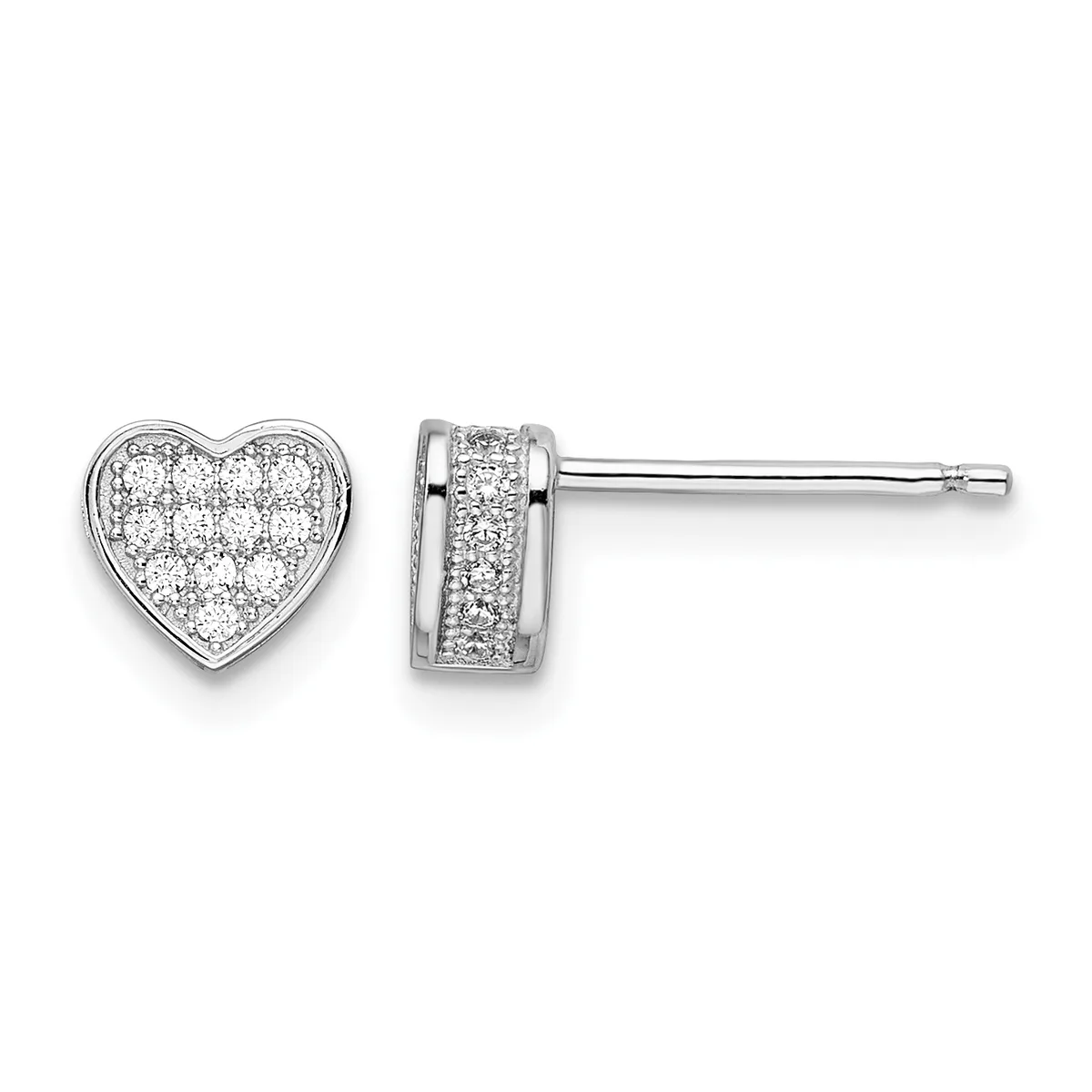 A pair of diamond stud earrings with heart-shaped settings in white metal, shown from front and side views against a white background.