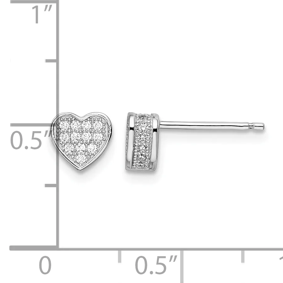 A pair of silver stud earrings displayed against a measurement ruler, featuring a heart-shaped diamond-set earring on the left and a rectangular diamond-set earring on the right, each approximately 0.5 inches tall.
