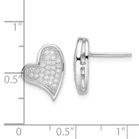 Pair of silver heart-shaped stud earrings with pave diamond settings, shown front and back view next to a measurement scale.