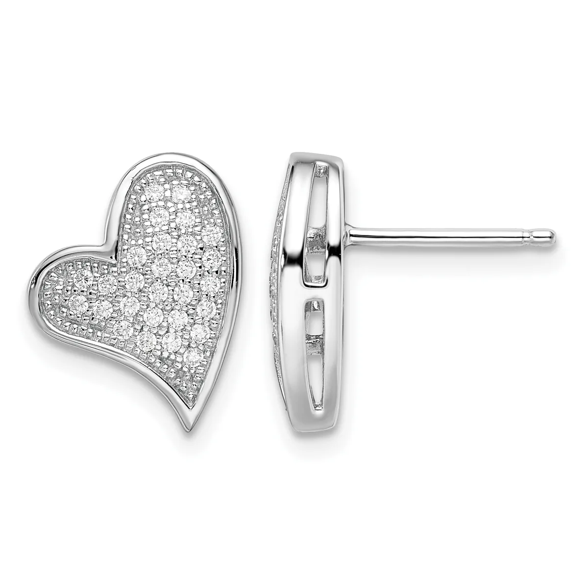 A pair of silver heart-shaped stud earrings with pave diamond settings, shown from front and side views.