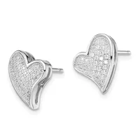 Pair of silver heart-shaped stud earrings with glittery textured surfaces and post backs, shown from front and side angles.