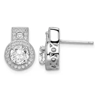 Pair of silver stud earrings featuring round diamond centers surrounded by smaller diamonds in a halo setting, shown from front and back views.