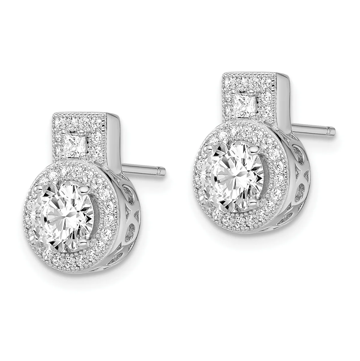 A pair of silver stud earrings featuring round brilliant-cut diamonds surrounded by halos of smaller diamonds, with square diamond settings above.