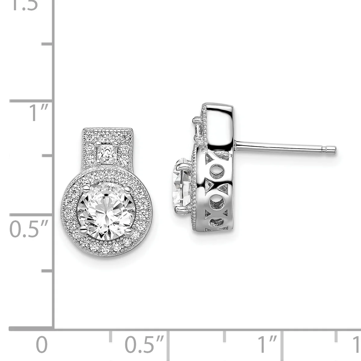 A pair of silver stud earrings with round diamond centers surrounded by halos of smaller diamonds, shown from front and side views against a measurement scale.