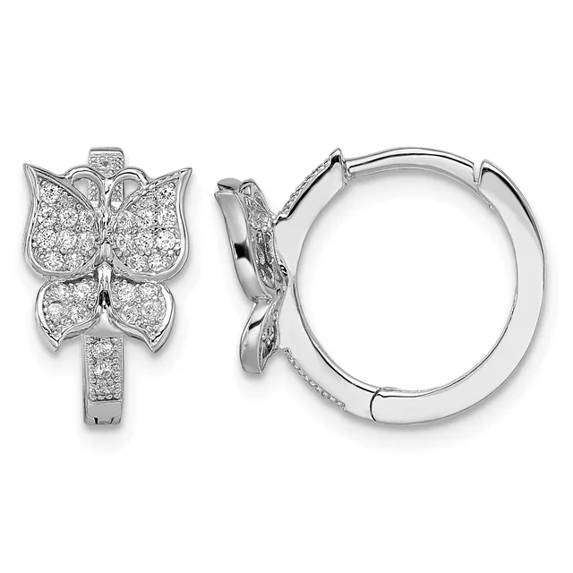 Pair of silver butterfly hoop earrings with pave-set cubic zirconia stones on the wings and band, shown from front and side views.