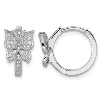 Pair of silver butterfly hoop earrings with pave-set cubic zirconia stones on the wings and band, shown from front and side views.