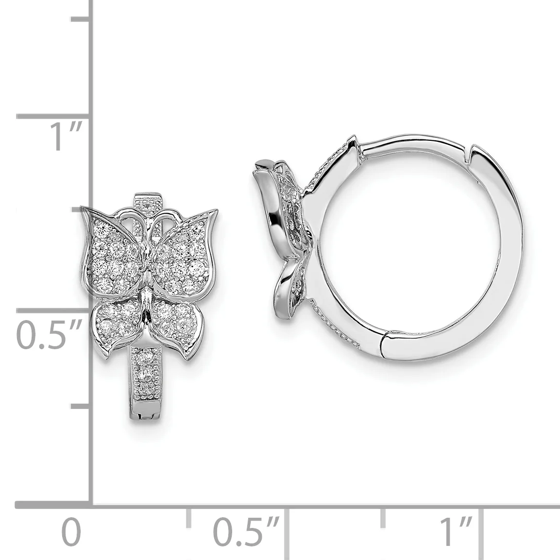 A pair of silver huggie hoop earrings with diamond-paved butterfly charms, displayed on a measurement scale showing approximately one inch in length.