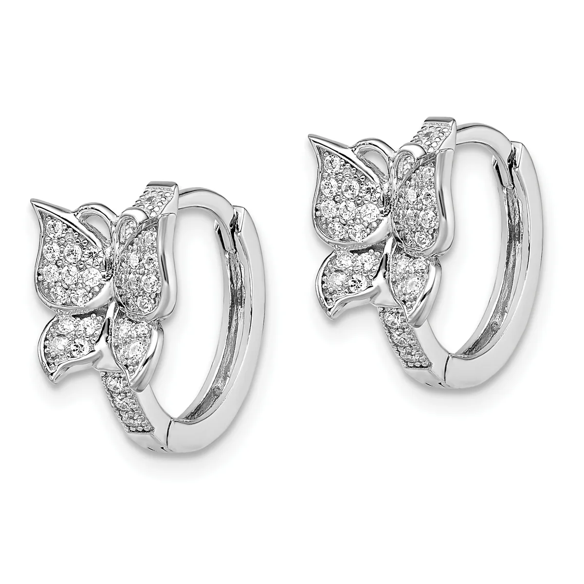 A pair of silver hoop earrings with butterfly-shaped tops paved with small diamonds, shown from the front at different angles.