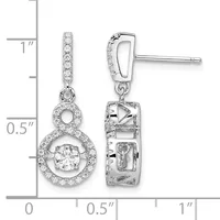 Pair of silver drop earrings with cubic zirconia stones featuring looped tops and circular pendant bottoms with central round stones, shown against a measurement scale.