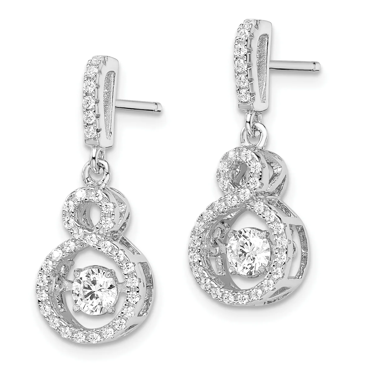 A pair of silver drop earrings with cubic zirconia stones arranged in concentric circular designs, featuring larger round stones suspended below smaller round halos, shown against a white background.