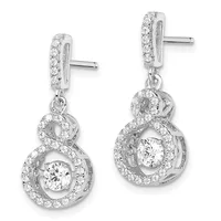 A pair of silver drop earrings with cubic zirconia stones arranged in concentric circular designs, featuring larger round stones suspended below smaller round halos, shown against a white background.