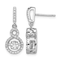 Pair of sterling silver drop earrings with diamond-set rectangular tops and dangling circular pendants featuring center diamonds surrounded by halos of smaller diamonds.