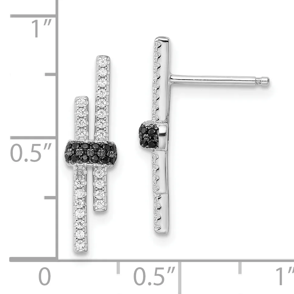 Pair of silver earrings with two parallel vertical bars set with white diamonds and a horizontal band of black diamonds at the center, shown front and side view with a measurement scale.