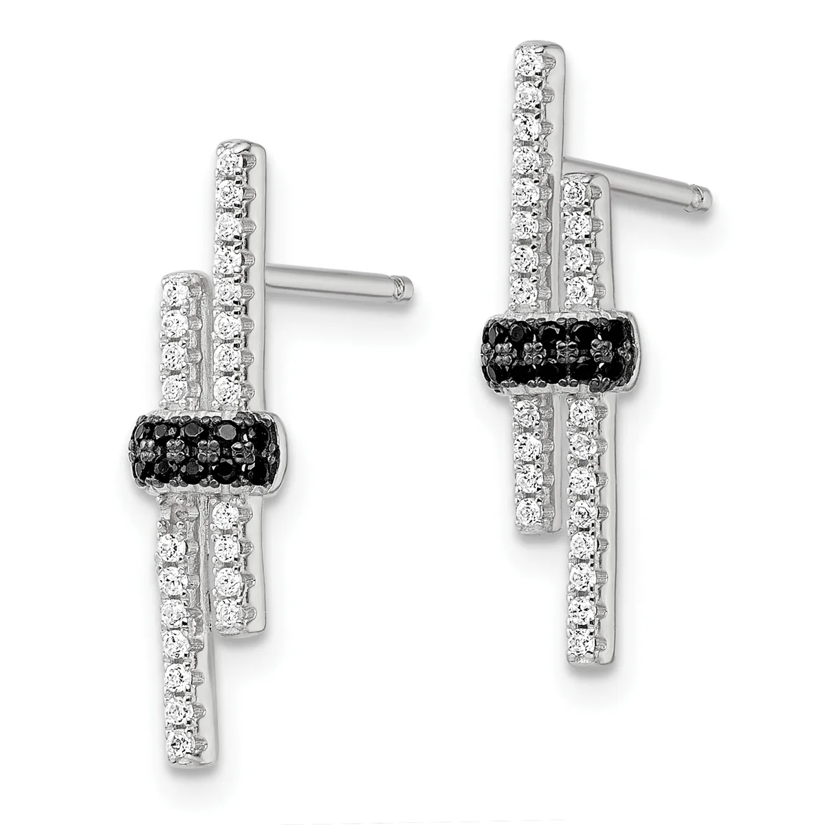 Pair of silver drop earrings with white and black diamond accents arranged in geometric crossed bar patterns, shown from front and side views.