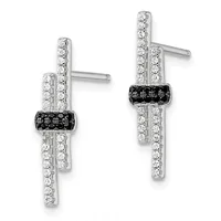 Pair of silver drop earrings with white and black diamond accents arranged in geometric crossed bar patterns, shown from front and side views.