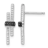 Pair of silver stud earrings with vertical rows of white rhinestones intersected by a band of black rhinestones, shown from front and side views.