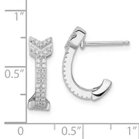 A pair of white metal hoop earrings with diamond pave settings and polished smooth sections, shown next to a measurement scale indicating approximately one inch in length.