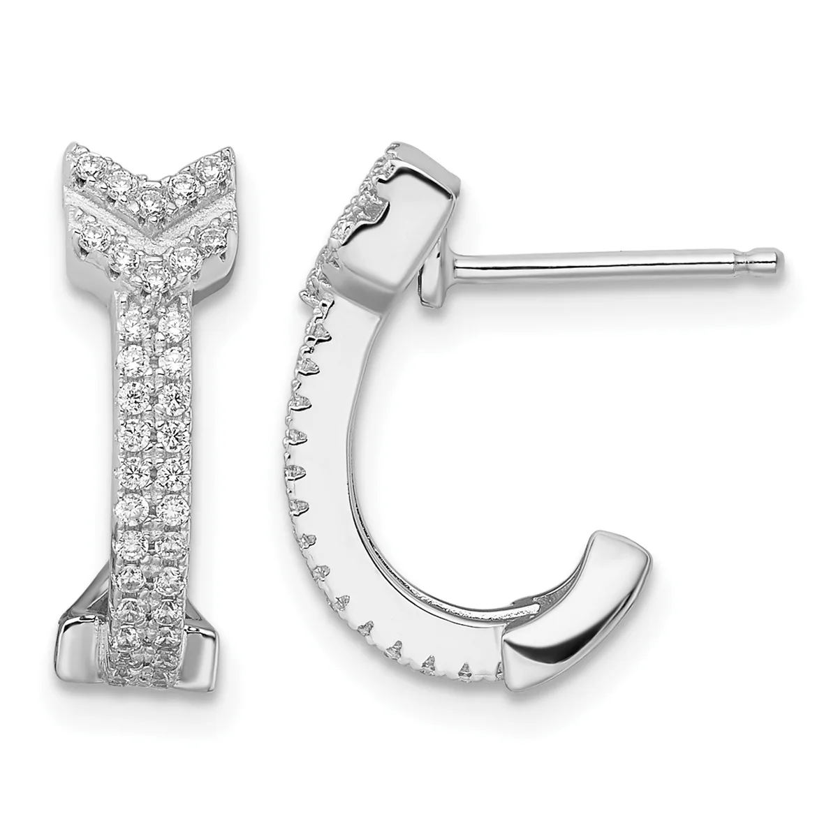 A pair of white metal hoop earrings with diamond pavé covering, featuring a chevron design at the top and a polished curved bottom section.