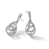 A pair of silver teardrop-shaped dangle earrings with pear-cut diamonds at the center surrounded by pavé-set smaller diamonds, displayed against a white background.