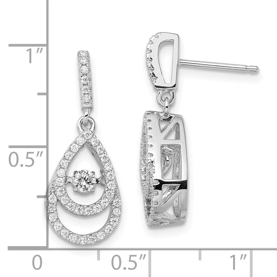 Sterling silver teardrop earrings with diamond accents and a floating round diamond center stone, shown next to a ruler for scale.