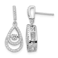 Pair of silver teardrop dangle earrings with round diamond centers surrounded by smaller diamonds in a double halo design, shown from front and back views.