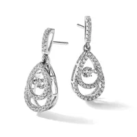 Pair of silver teardrop dangle earrings with diamond pavé detailing and suspended center stones, shown from front and side angles.
