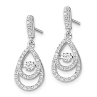 Pair of silver teardrop drop earrings with diamond pavé detailing and floating round diamonds at the center, shown on white background.
