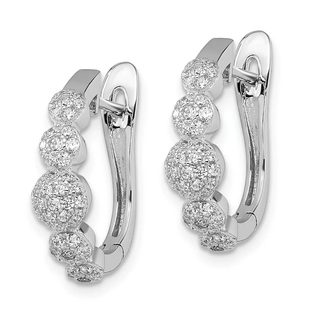 A pair of silver hoop earrings with clustered glittering spheres graduating in size from small at the top to large in the middle, displayed against a white background.