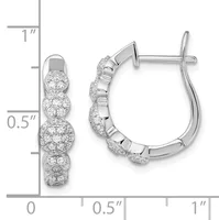 Pair of silver hoop earrings with four diamond-paved spheres descending in size, shown against a measurement scale indicating approximately one inch in length.