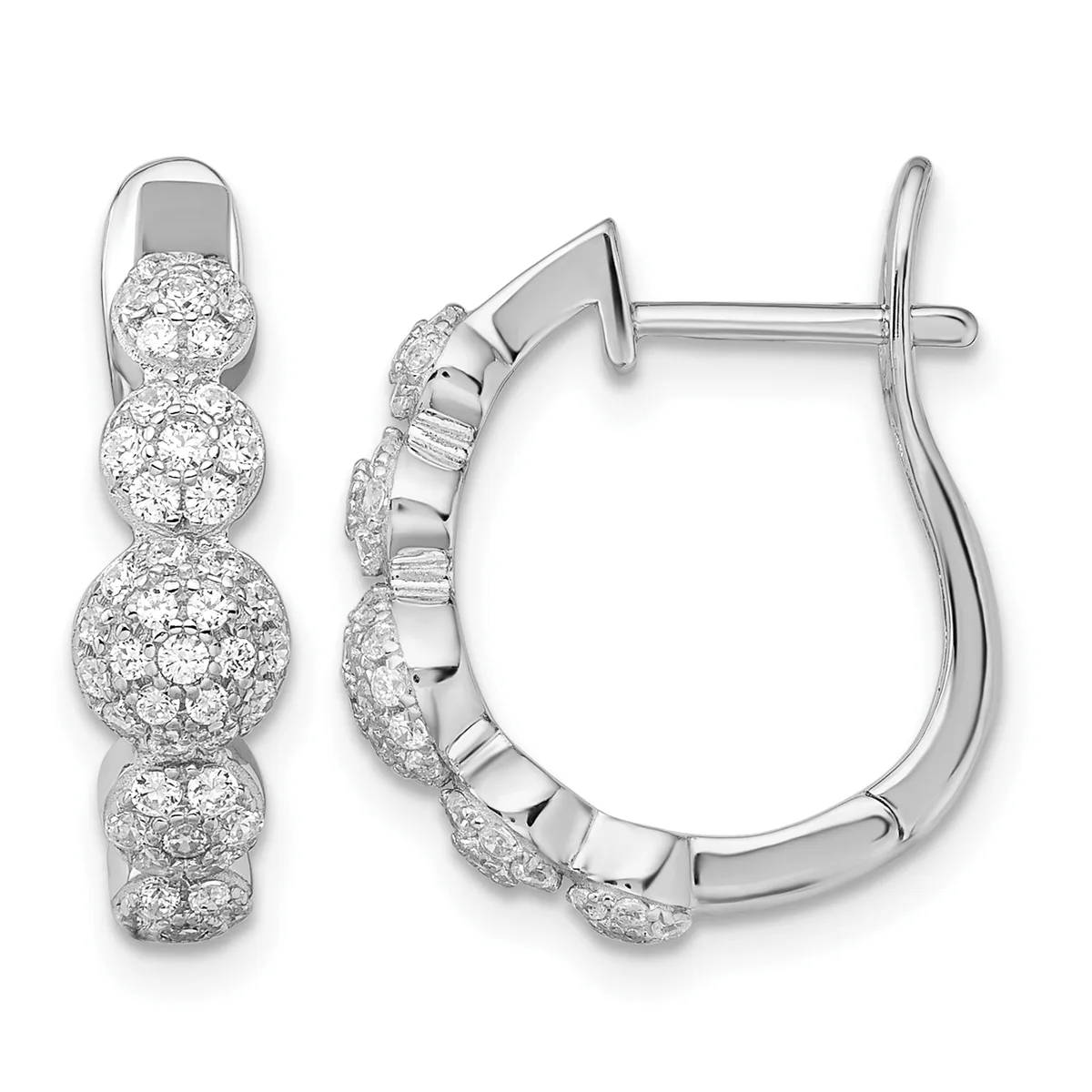 Pair of white metal hoop earrings with clustered round diamond settings and hinged omega backs, shown from front and side views.