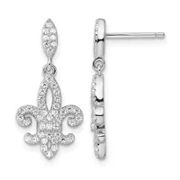 Pair of silver fleur-de-lis drop earrings with cubic zirconia pavé setting, shown from front and side views.