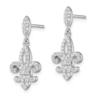 Pair of silver fleur-de-lis drop earrings with diamond pave settings and post backs, displayed against a white background.