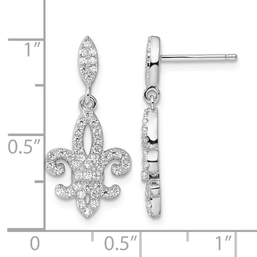 Pair of silver fleur-de-lis drop earrings with cubic zirconia stones, shown front and back view with measurement scale.