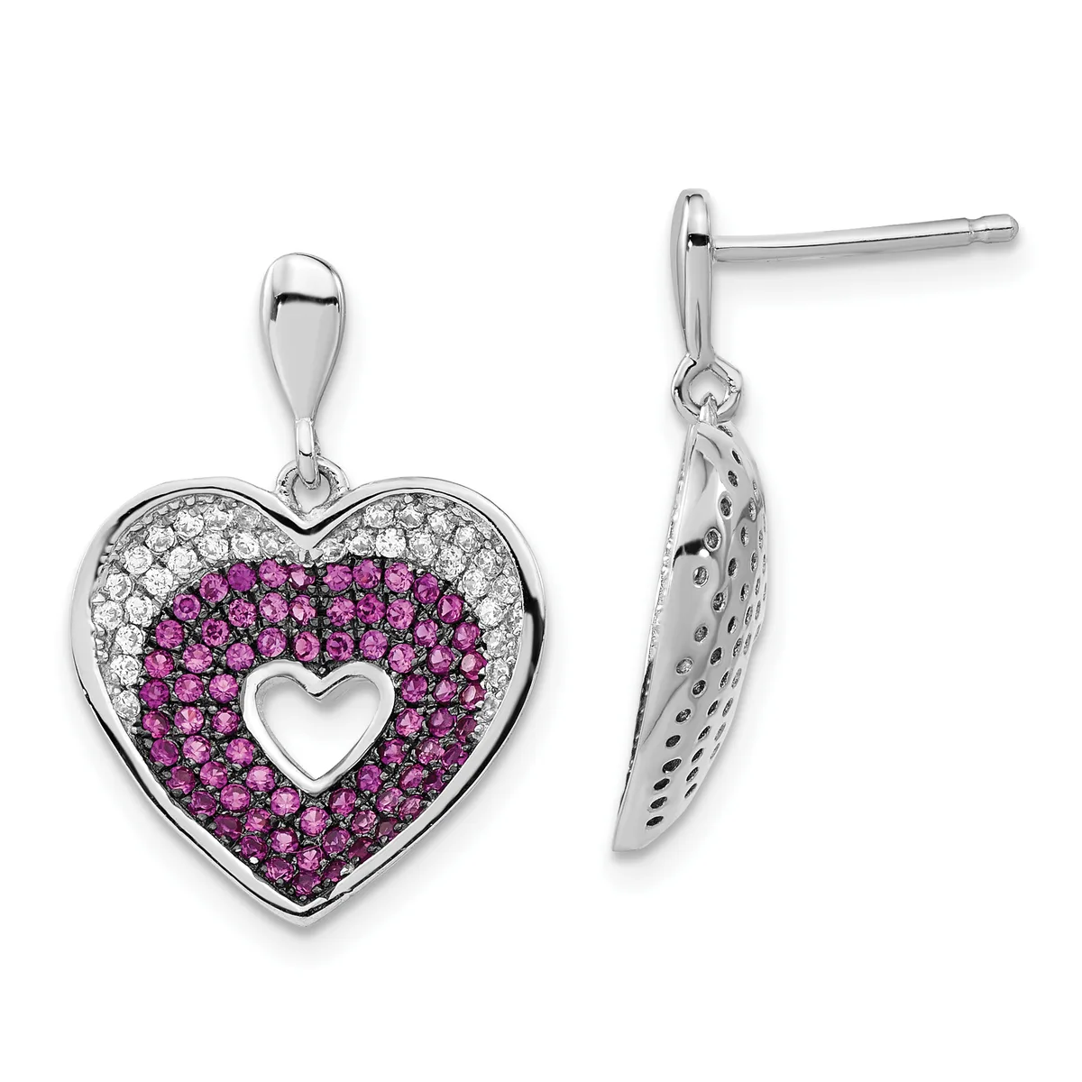 A pair of silver heart-shaped stud earrings with purple and clear cubic zirconia stones arranged in concentric circles around a hollow heart center.