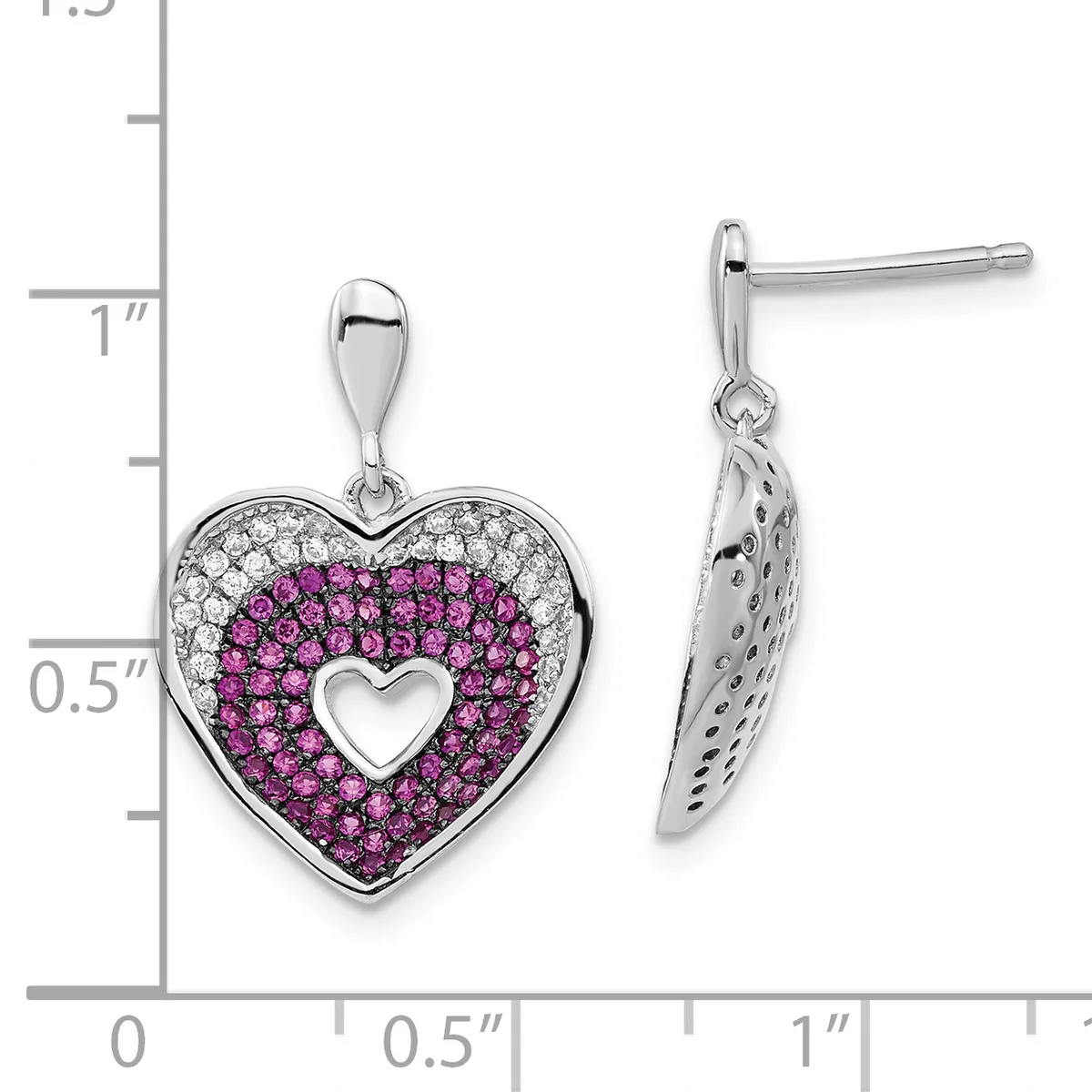 Silver heart-shaped earrings with pink rhinestones surrounding a hollow heart center and clear stones on the outer border, shown front and side view with a measurement scale.