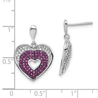 Silver heart-shaped earrings with pink rhinestones surrounding a hollow heart center and clear stones on the outer border, shown front and side view with a measurement scale.
