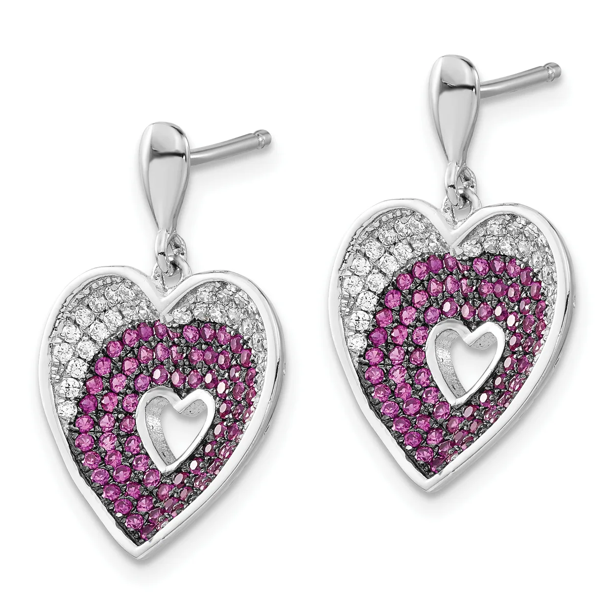 Pair of heart-shaped drop earrings with silver posts, featuring purple gemstones surrounding a hollow heart center and clear crystals on the outer edges.