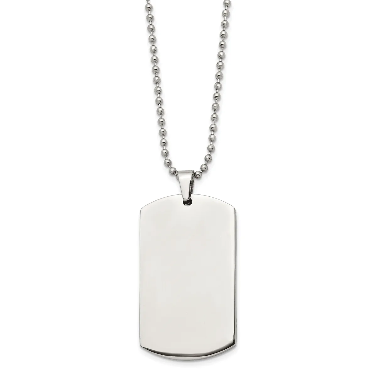 A polished stainless steel dog tag pendant with rounded corners hangs from a matching ball chain necklace.