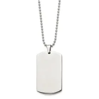 A polished stainless steel dog tag pendant with rounded corners hangs from a matching ball chain necklace.