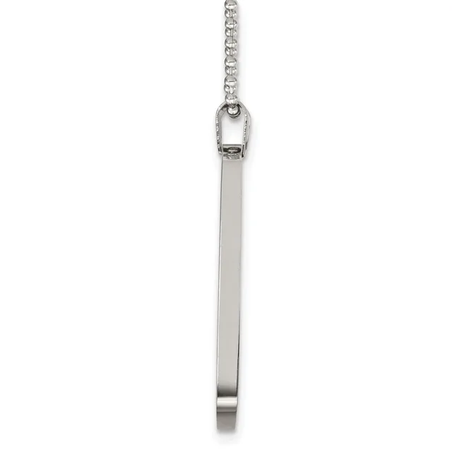 A polished silver rectangular pendant hangs from a thin chain against a white background.