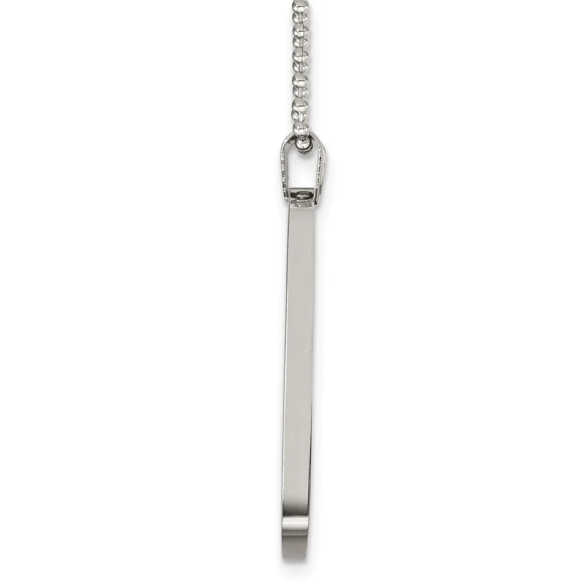 A polished silver rectangular pendant hangs from a thin chain against a white background.