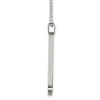 A polished silver rectangular pendant hangs from a thin chain against a white background.