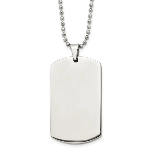 A polished stainless steel dog tag pendant with rounded corners hangs from a ball chain necklace against a white background.
